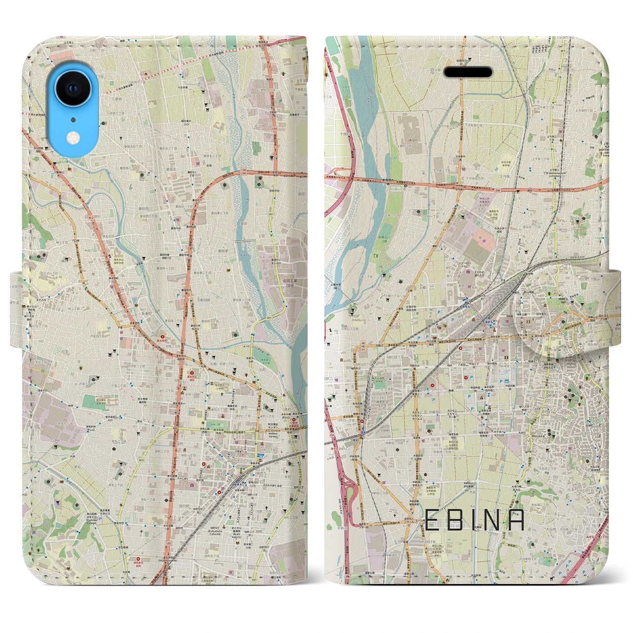 【海老名(神奈川県)】地図柄iPhoneケース(手帳タイプ)ナチュラル・iPhone XR 用