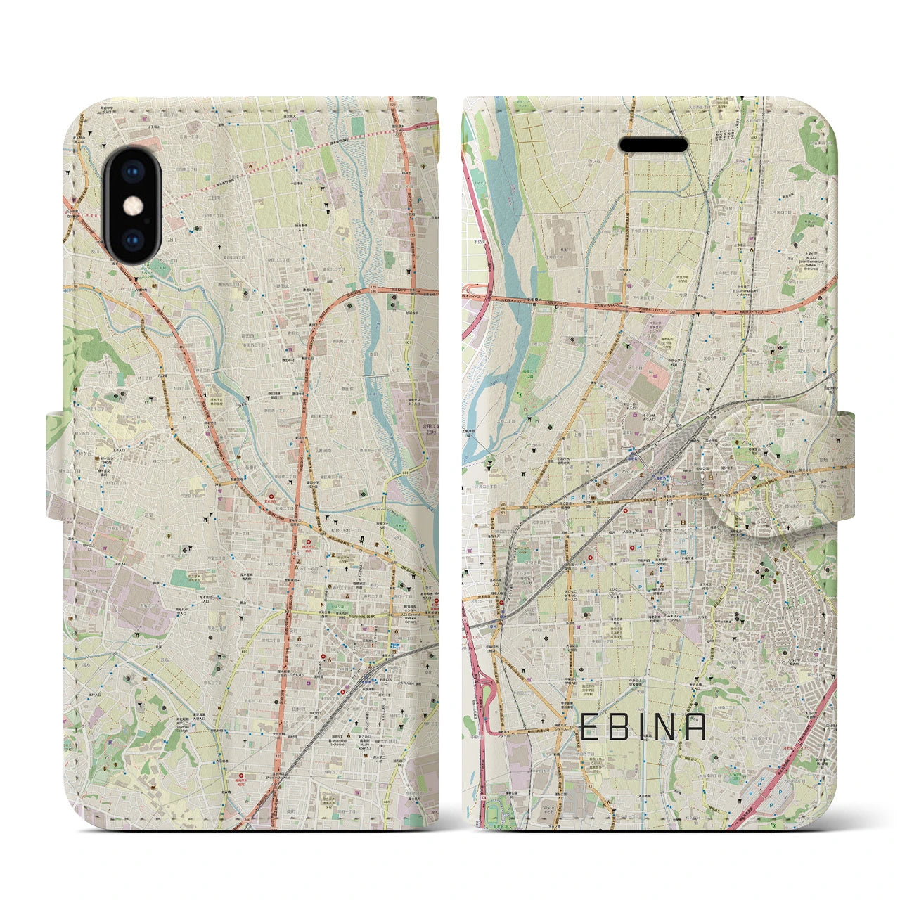 【海老名(神奈川県)】地図柄iPhoneケース(手帳タイプ)ナチュラル・iPhone XS / X 用