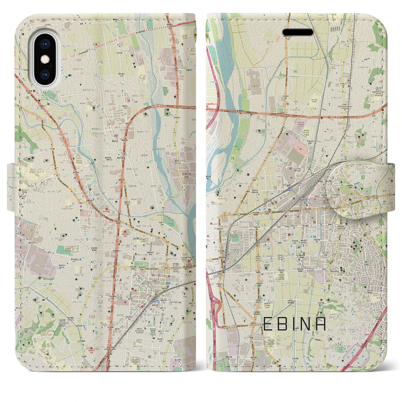 【海老名(神奈川県)】地図柄iPhoneケース(手帳タイプ)ナチュラル・iPhone XS Max 用