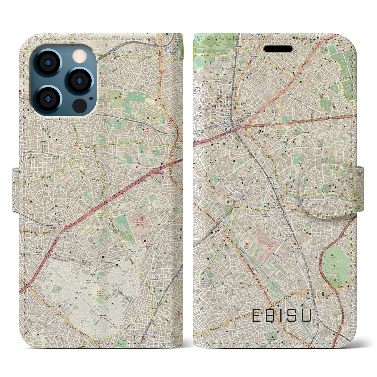 【恵比寿(東京都)】地図柄iPhoneケース(手帳タイプ)ナチュラル・iPhone 12 / 12 Pro 用