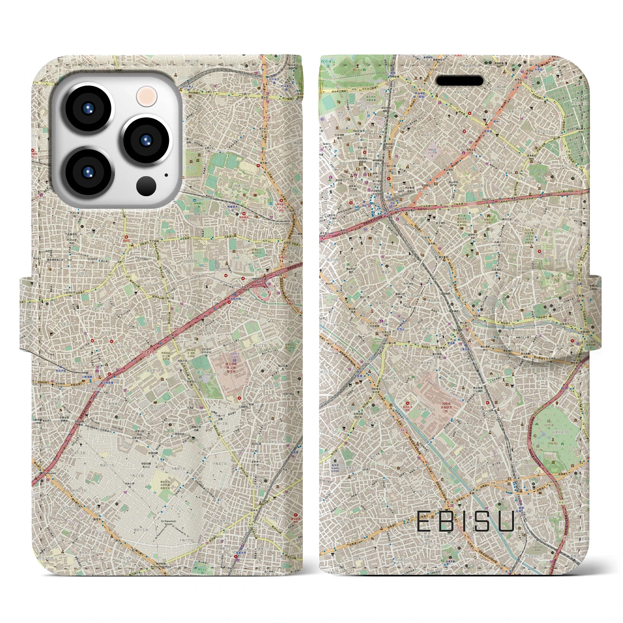 【恵比寿(東京都)】地図柄iPhoneケース(手帳タイプ)ナチュラル・iPhone 13 Pro 用