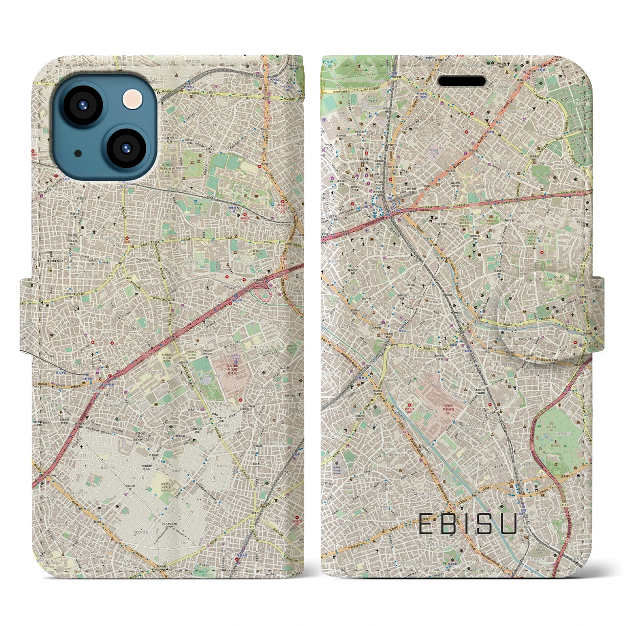 【恵比寿(東京都)】地図柄iPhoneケース(手帳タイプ)ナチュラル・iPhone 13 用