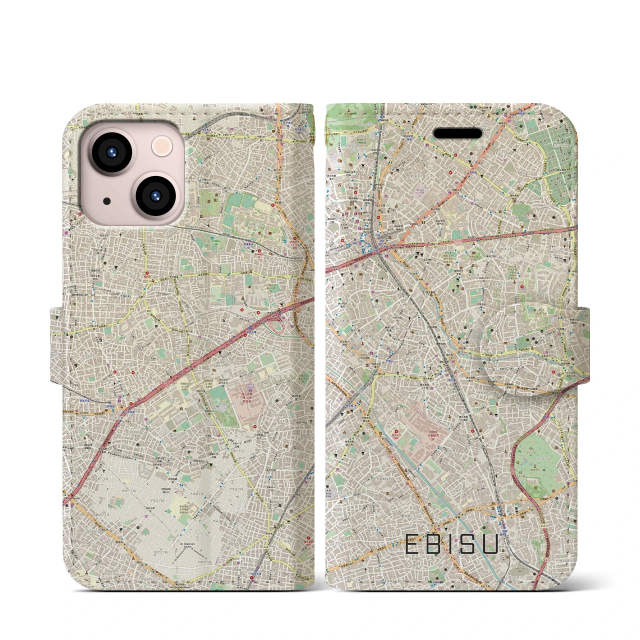 【恵比寿(東京都)】地図柄iPhoneケース(手帳タイプ)ナチュラル・iPhone 13 mini 用
