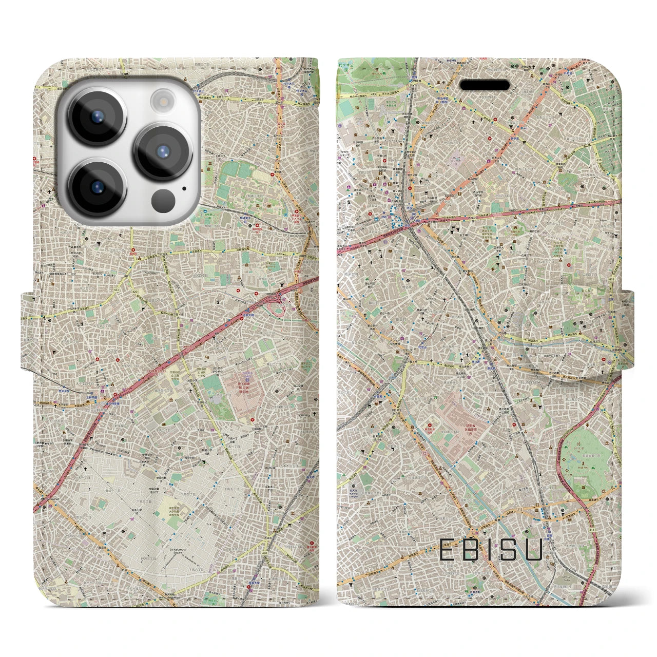 【恵比寿(東京都)】地図柄iPhoneケース(手帳タイプ)ナチュラル・iPhone 14 Pro 用