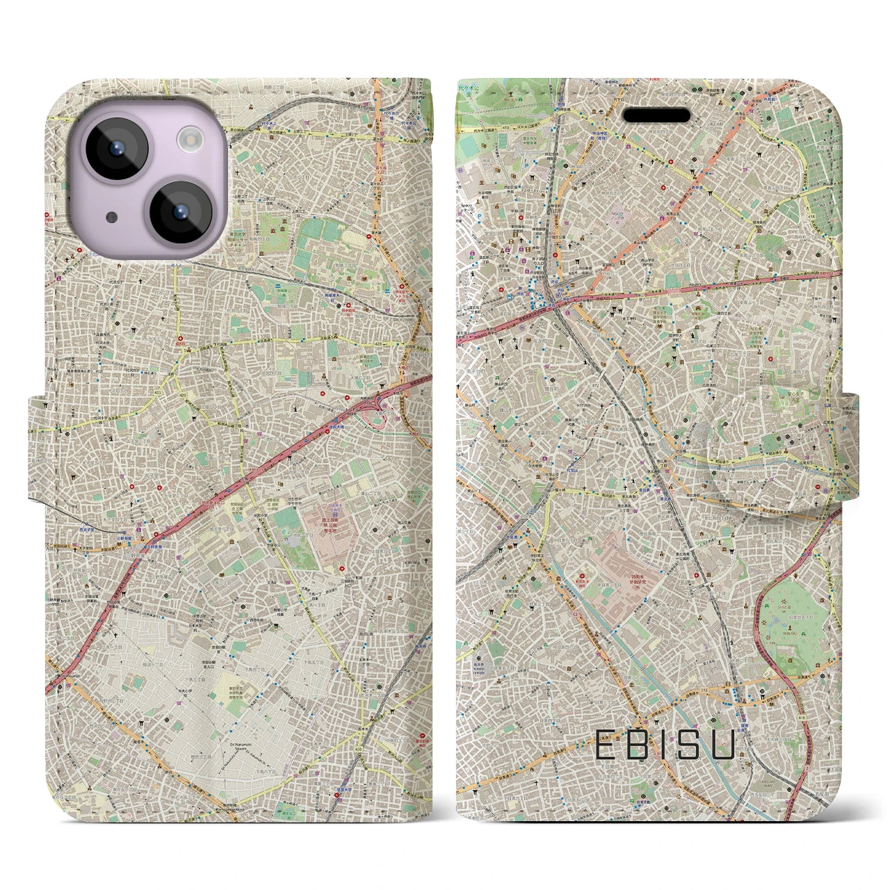【恵比寿(東京都)】地図柄iPhoneケース(手帳タイプ)ナチュラル・iPhone 14 用