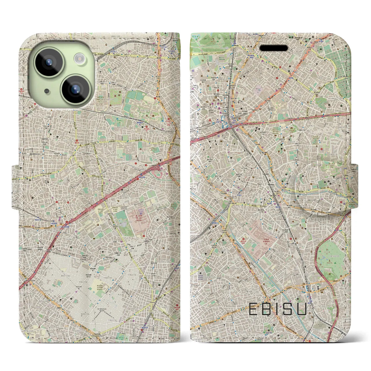 【恵比寿(東京都)】地図柄iPhoneケース(手帳タイプ)ナチュラル・iPhone 15 用