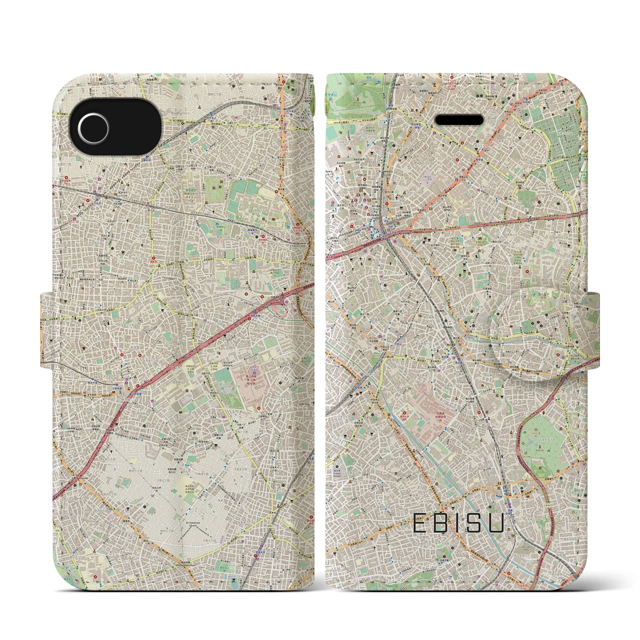 【恵比寿(東京都)】地図柄iPhoneケース(手帳タイプ)ナチュラル・iPhone SE(第3 / 第2世代) / 8 / 7 / 6s / 6 用