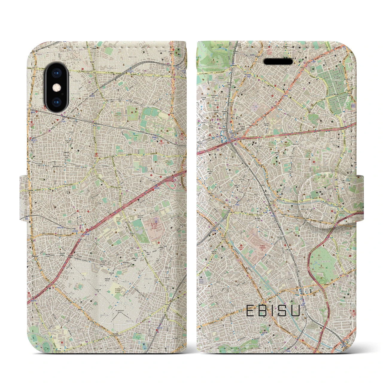 【恵比寿(東京都)】地図柄iPhoneケース(手帳タイプ)ナチュラル・iPhone XS / X 用