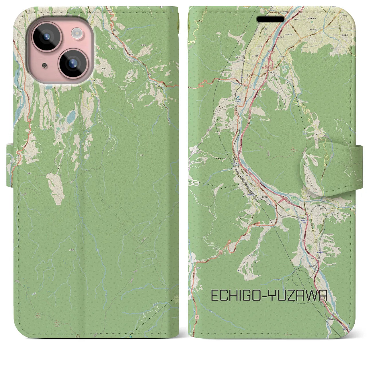 【越後湯沢(新潟県)】地図柄iPhoneケース(手帳タイプ)ナチュラル・iPhone 15 Plus 用