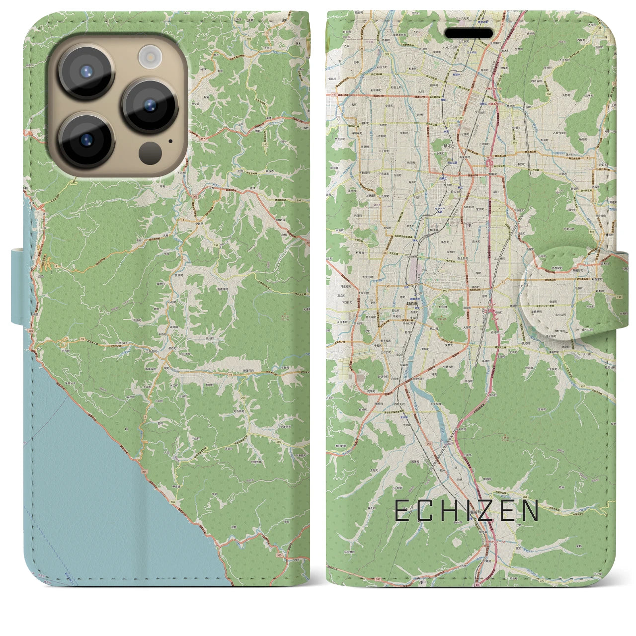【越前(福井県)】地図柄iPhoneケース(手帳タイプ)ナチュラル・iPhone 14 Pro Max 用