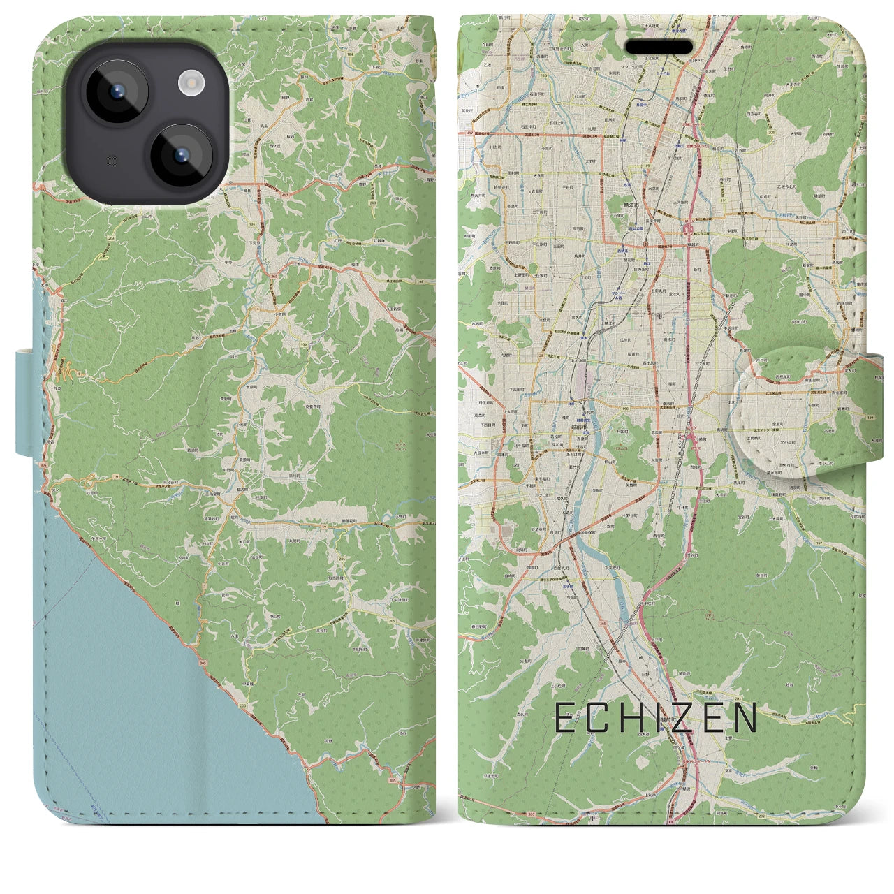【越前(福井県)】地図柄iPhoneケース(手帳タイプ)ナチュラル・iPhone 14 Plus 用
