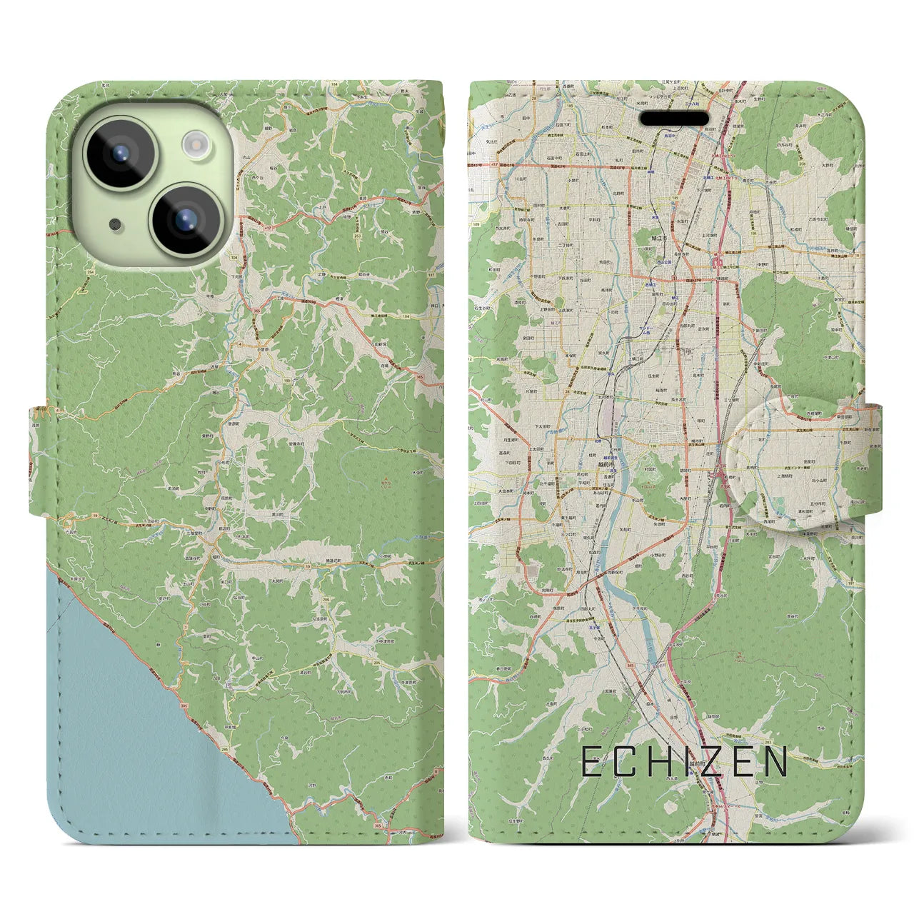 【越前(福井県)】地図柄iPhoneケース(手帳タイプ)ナチュラル・iPhone 15 用