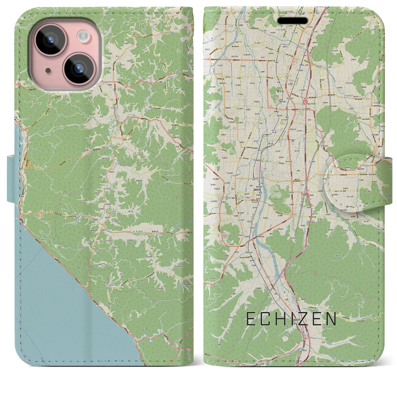 【越前(福井県)】地図柄iPhoneケース(手帳タイプ)ナチュラル・iPhone 15 Plus 用