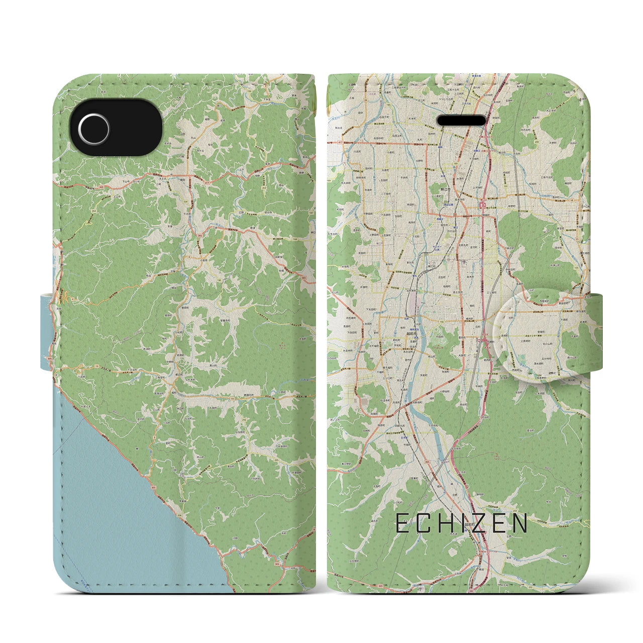 【越前(福井県)】地図柄iPhoneケース(手帳タイプ)ナチュラル・iPhone SE(第3 / 第2世代) / 8 / 7 / 6s / 6 用