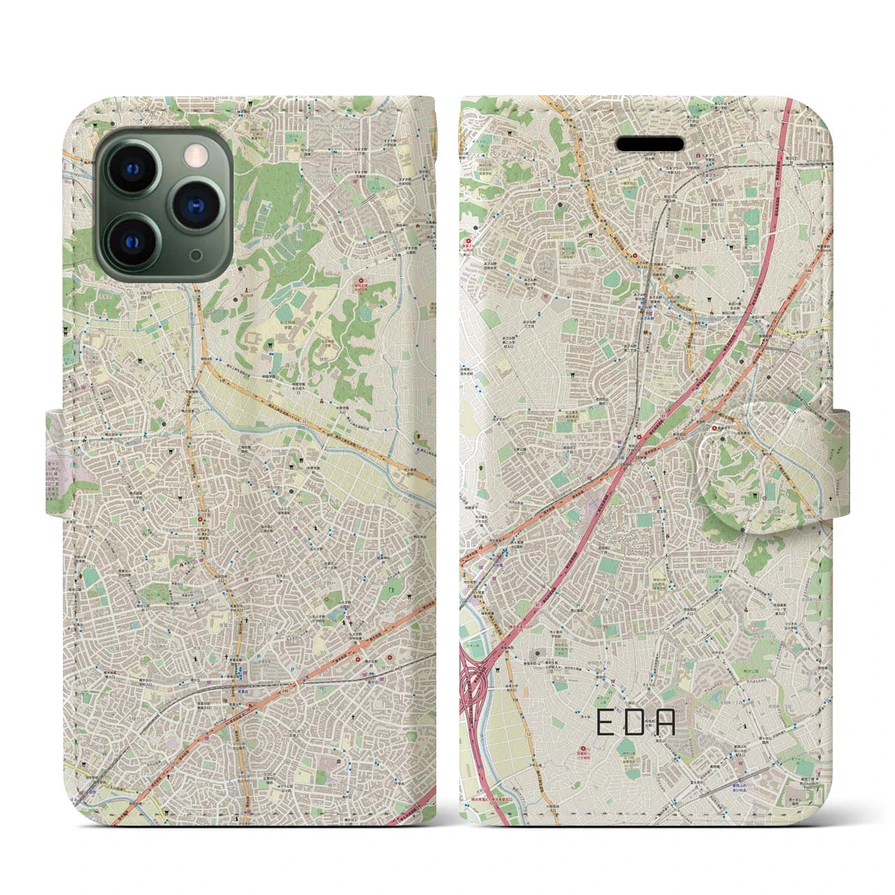 【江田(神奈川県)】地図柄iPhoneケース(手帳タイプ)ナチュラル・iPhone 11 Pro 用