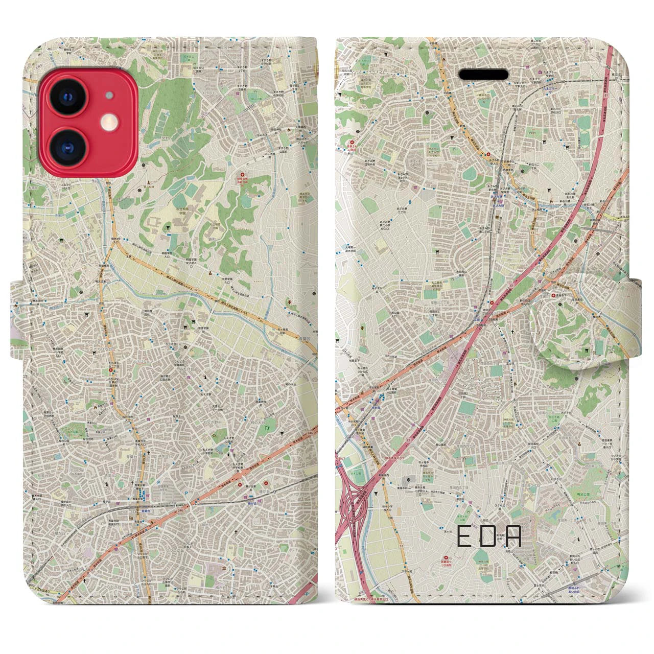 【江田(神奈川県)】地図柄iPhoneケース(手帳タイプ)ナチュラル・iPhone 11 用