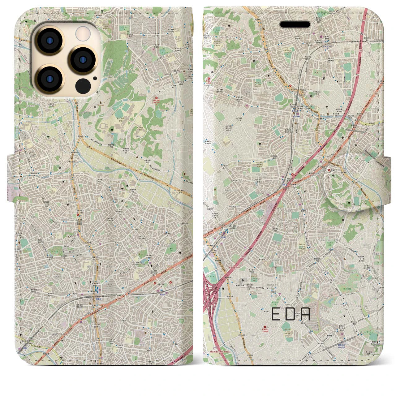 【江田(神奈川県)】地図柄iPhoneケース(手帳タイプ)ナチュラル・iPhone 12 Pro Max 用