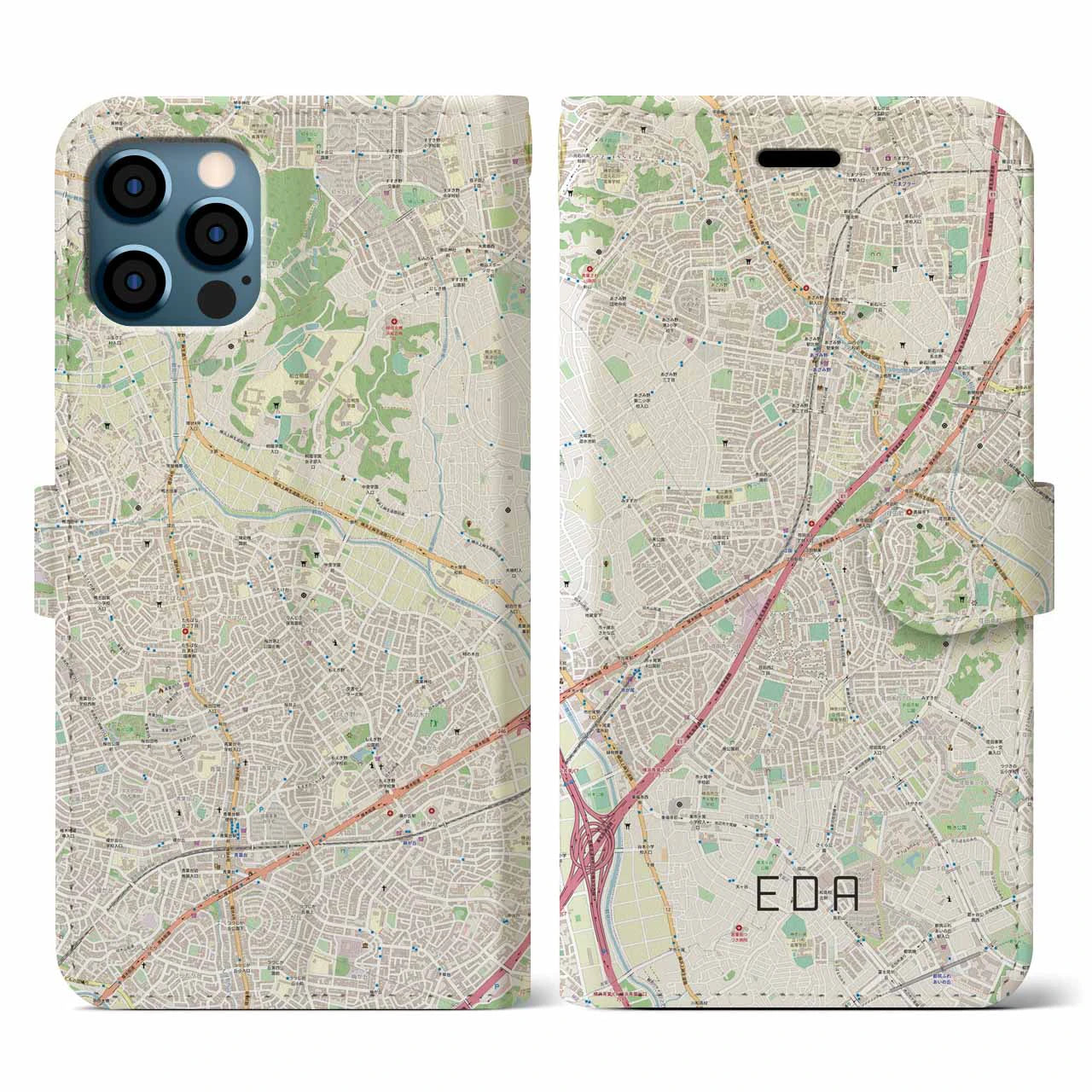 【江田(神奈川県)】地図柄iPhoneケース(手帳タイプ)ナチュラル・iPhone 12 / 12 Pro 用