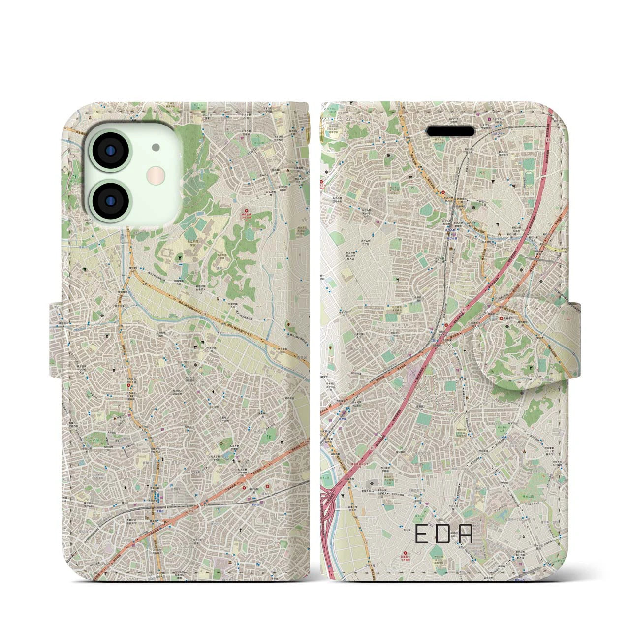 【江田(神奈川県)】地図柄iPhoneケース(手帳タイプ)ナチュラル・iPhone 12 mini 用