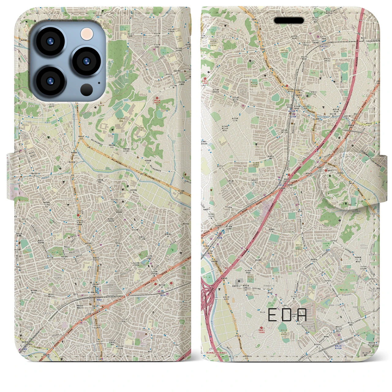 【江田(神奈川県)】地図柄iPhoneケース(手帳タイプ)ナチュラル・iPhone 13 Pro Max 用