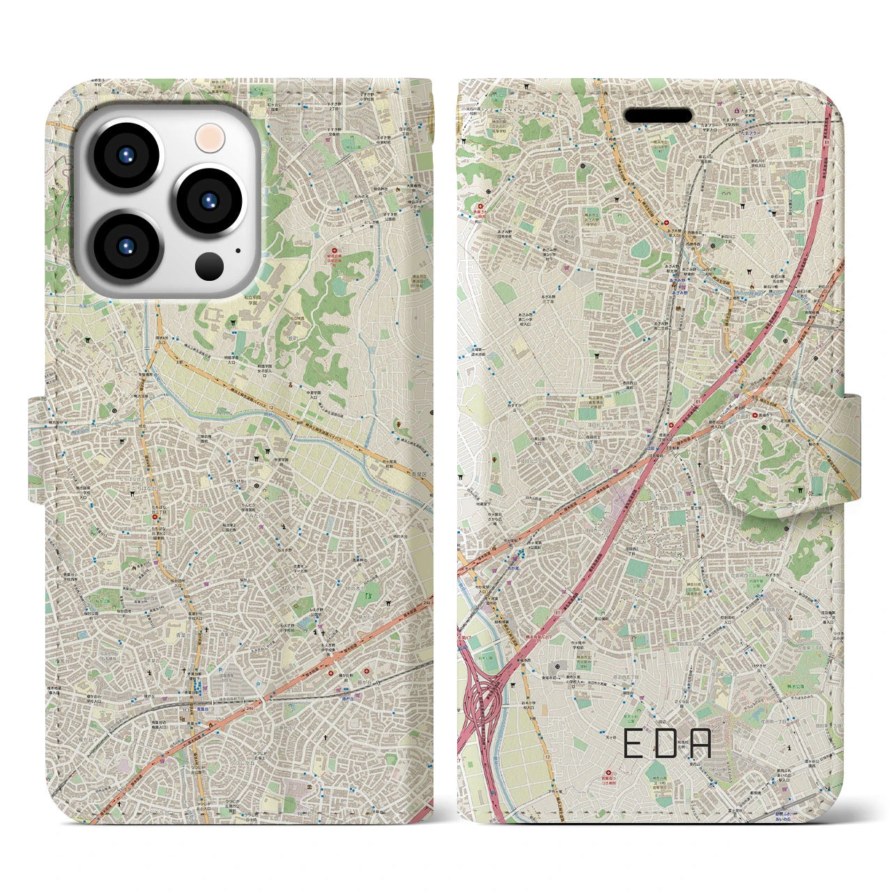 【江田(神奈川県)】地図柄iPhoneケース(手帳タイプ)ナチュラル・iPhone 13 Pro 用