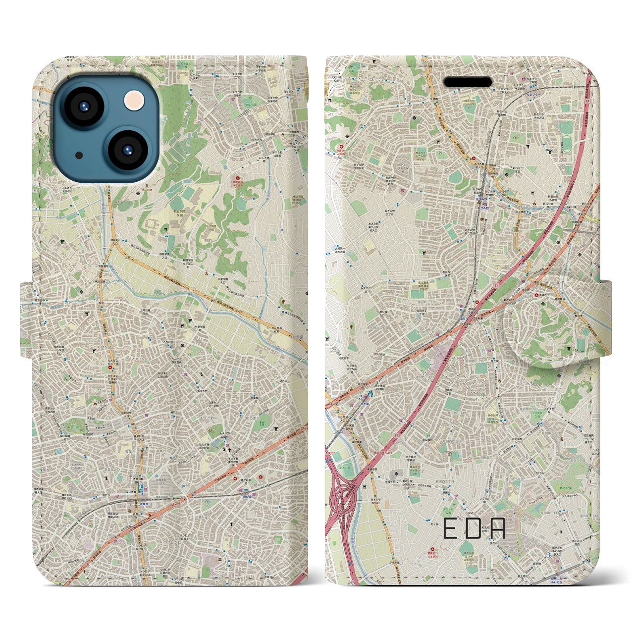 【江田(神奈川県)】地図柄iPhoneケース(手帳タイプ)ナチュラル・iPhone 13 用