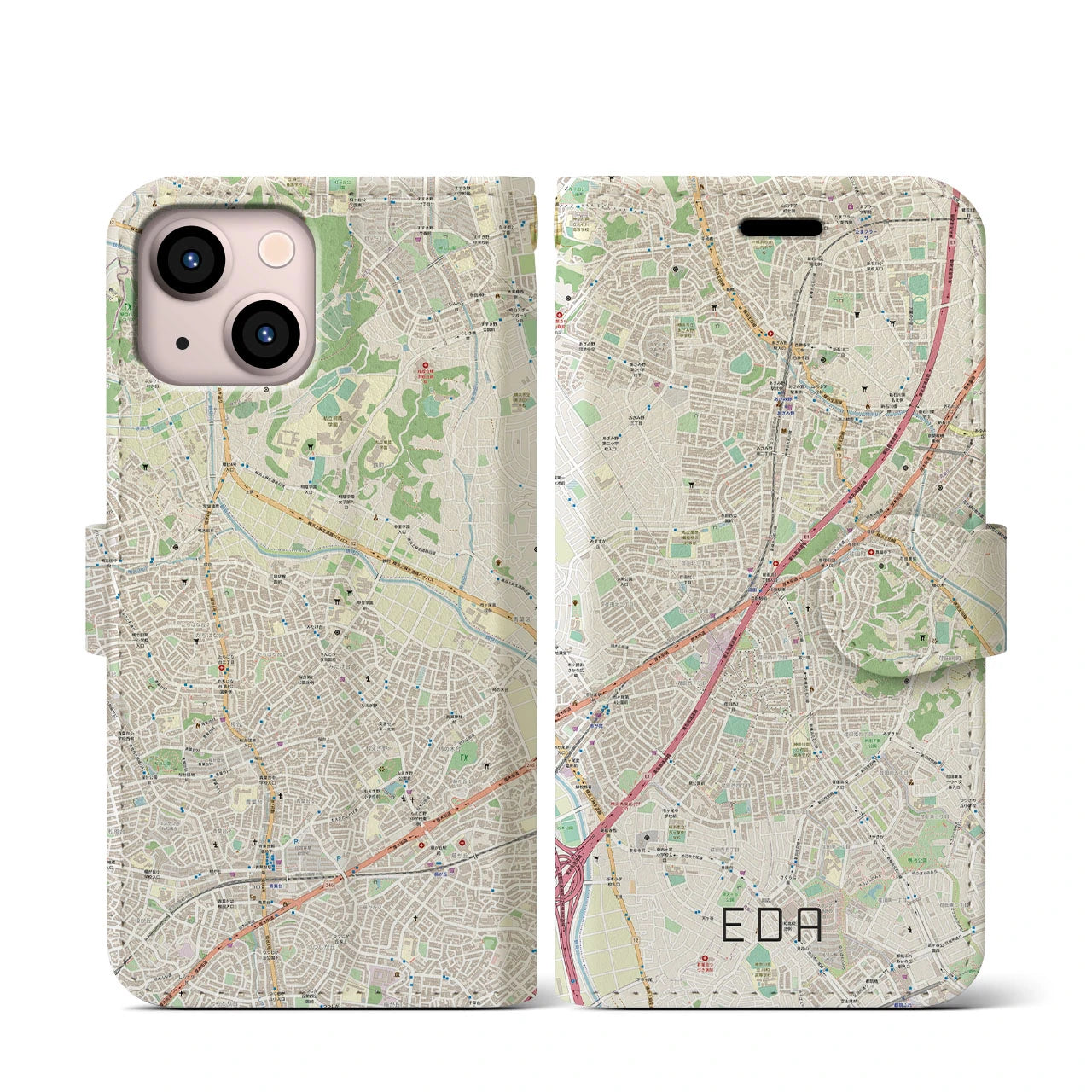 【江田(神奈川県)】地図柄iPhoneケース(手帳タイプ)ナチュラル・iPhone 13 mini 用