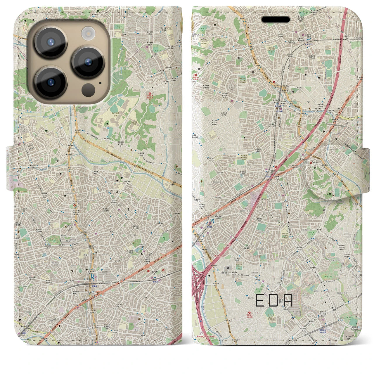 【江田(神奈川県)】地図柄iPhoneケース(手帳タイプ)ナチュラル・iPhone 14 Pro Max 用