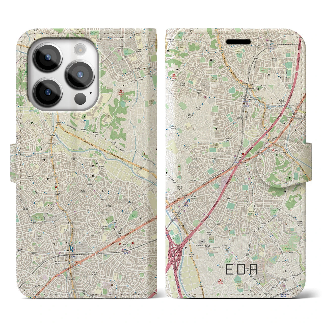 【江田(神奈川県)】地図柄iPhoneケース(手帳タイプ)ナチュラル・iPhone 14 Pro 用