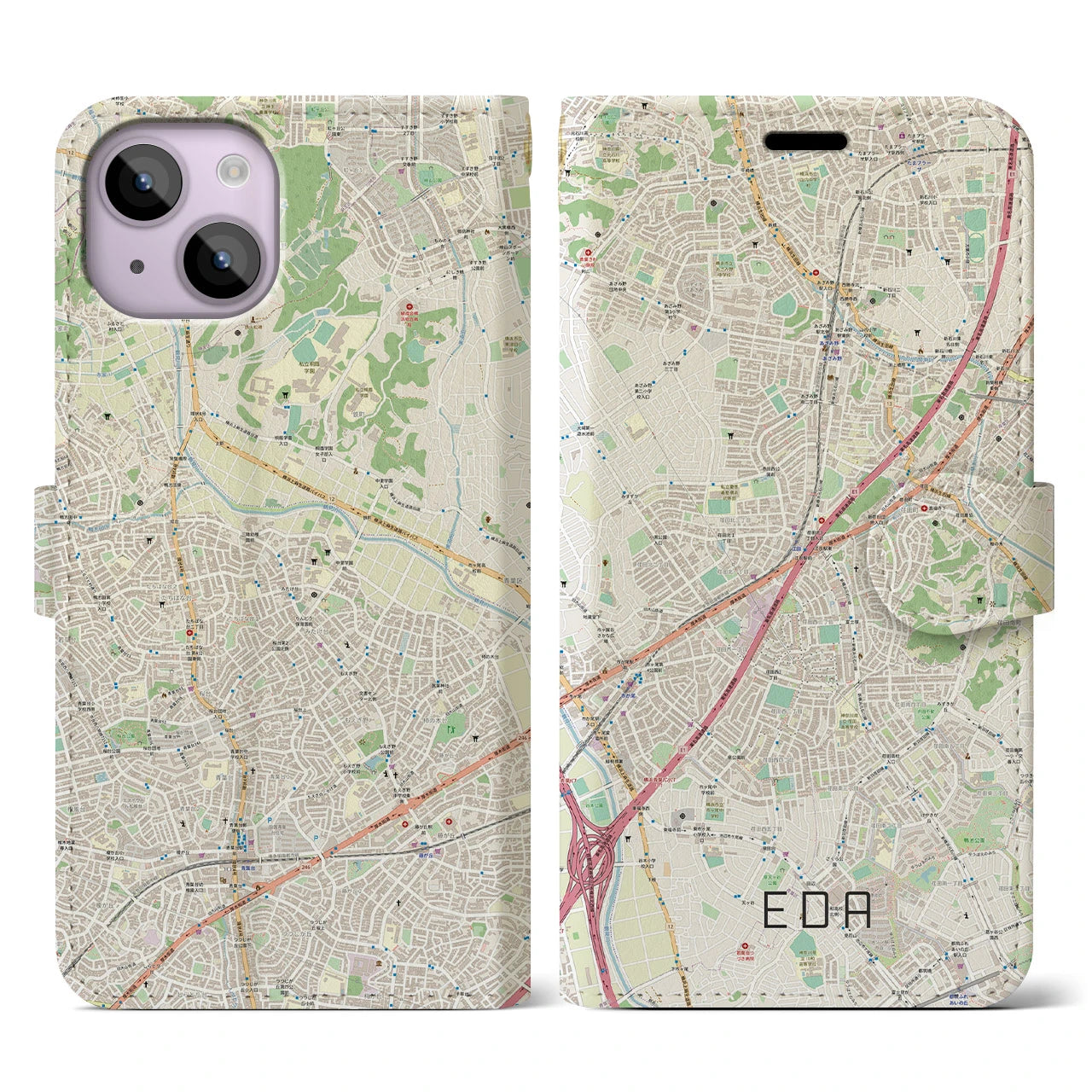 【江田(神奈川県)】地図柄iPhoneケース(手帳タイプ)ナチュラル・iPhone 14 用