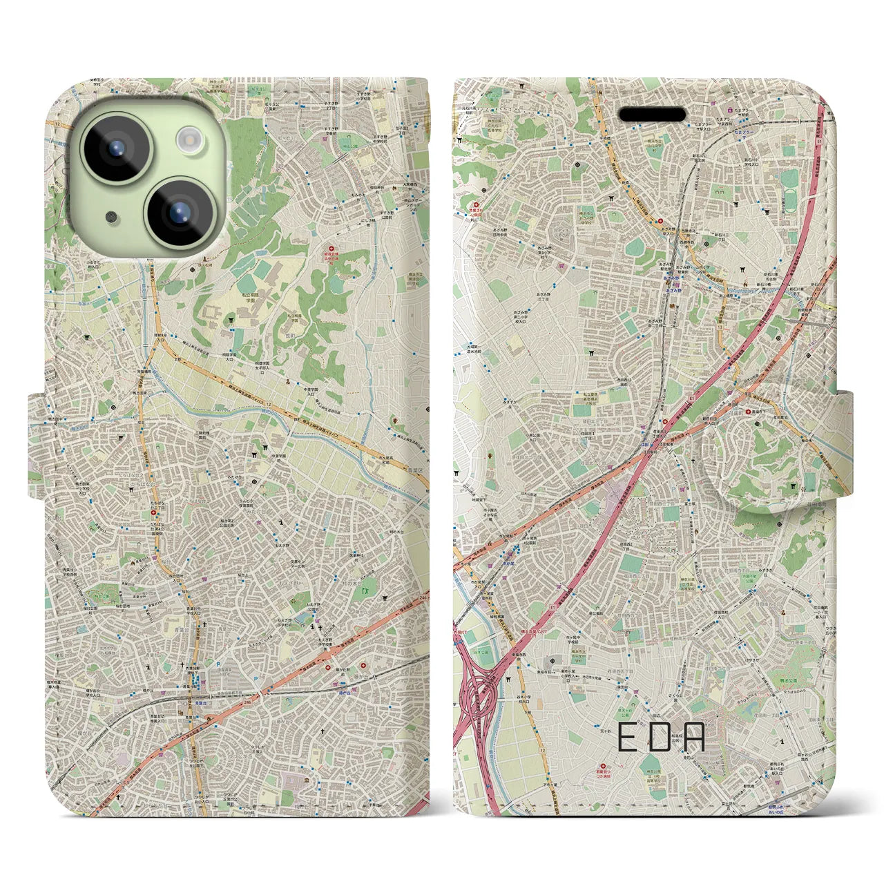 【江田(神奈川県)】地図柄iPhoneケース(手帳タイプ)ナチュラル・iPhone 15 用