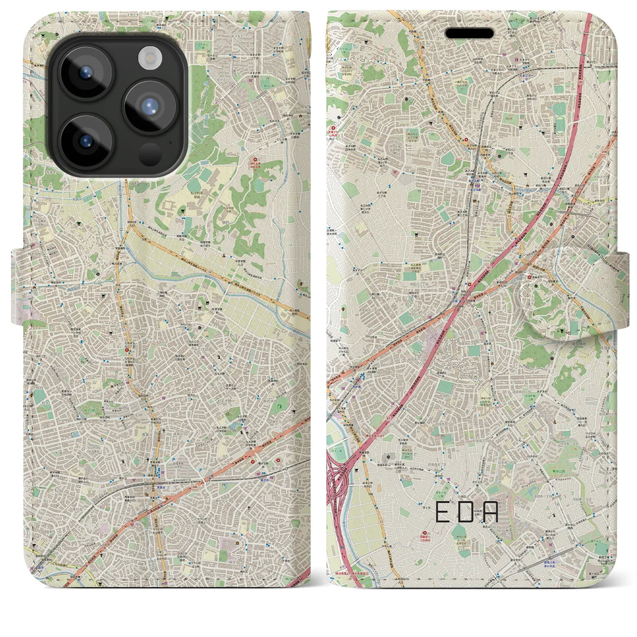 【江田(神奈川県)】地図柄iPhoneケース(手帳タイプ)ナチュラル・iPhone 15 Pro Max 用