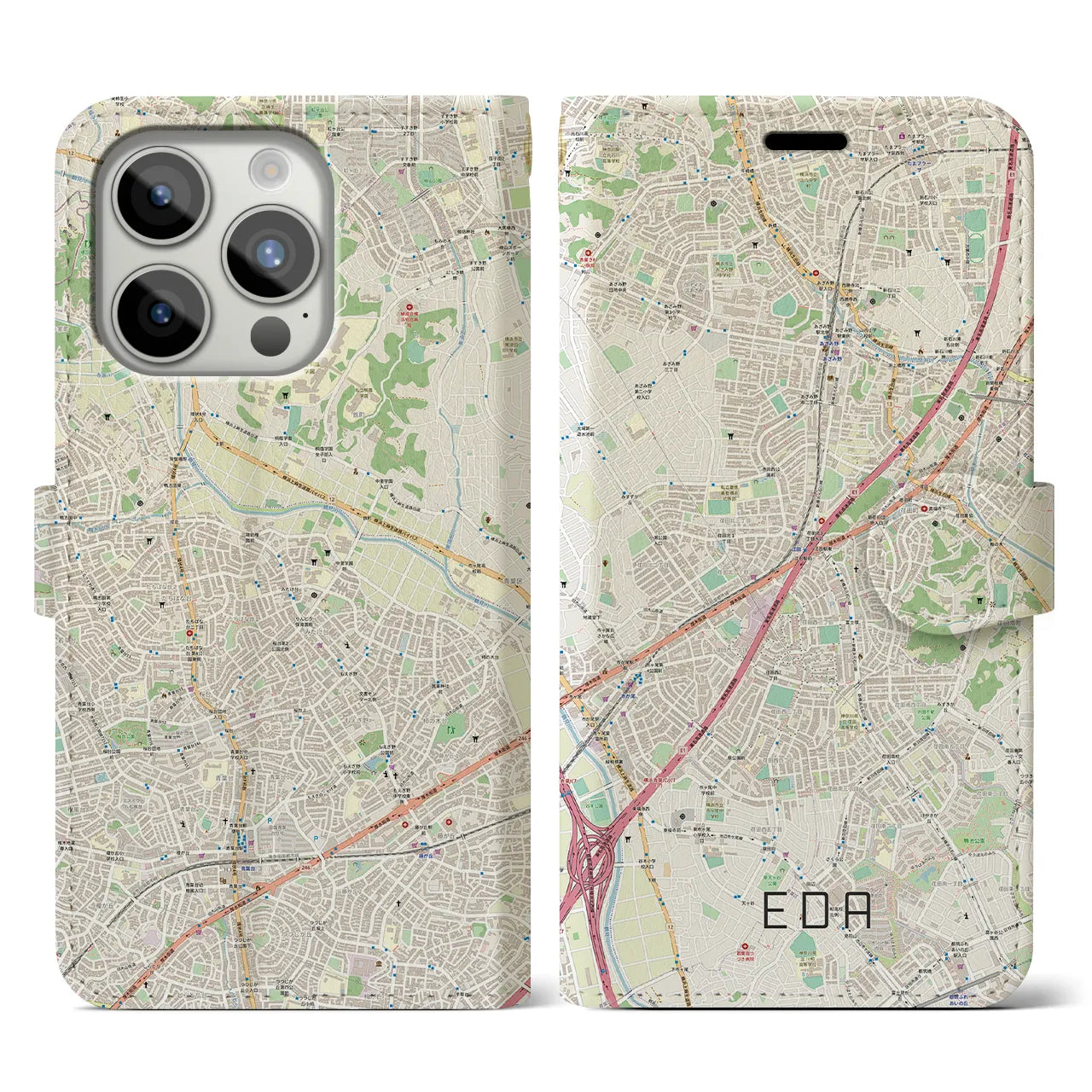 【江田(神奈川県)】地図柄iPhoneケース(手帳タイプ)ナチュラル・iPhone 15 Pro 用