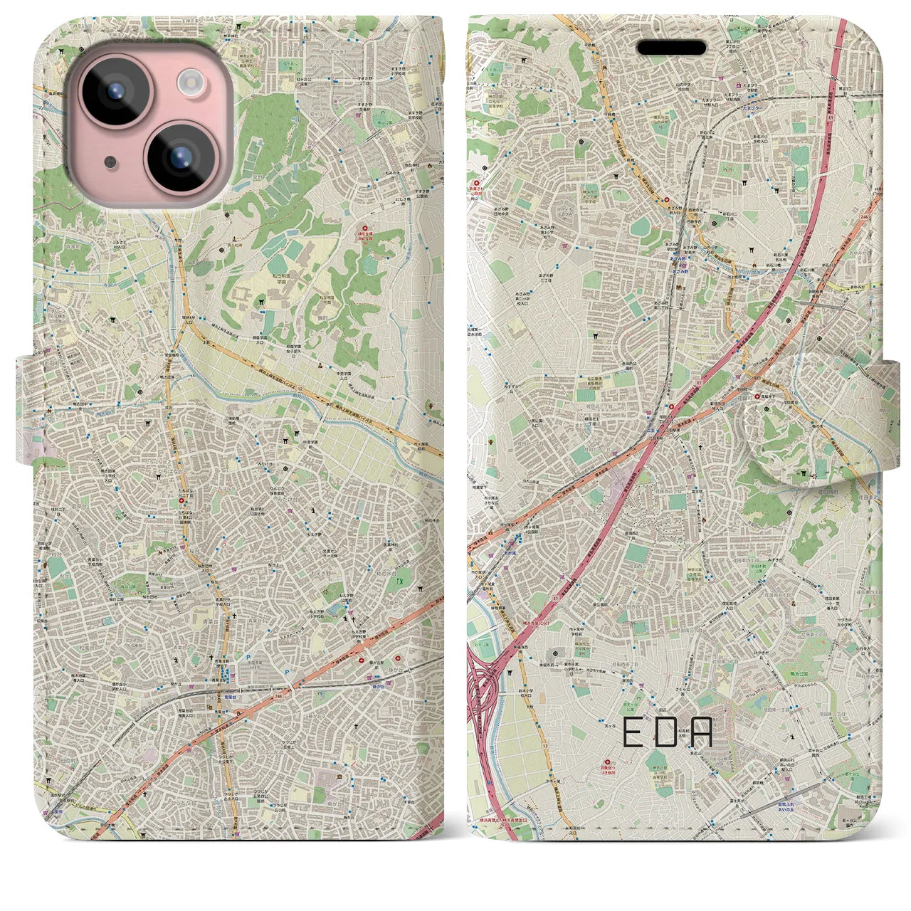 【江田(神奈川県)】地図柄iPhoneケース(手帳タイプ)ナチュラル・iPhone 15 Plus 用