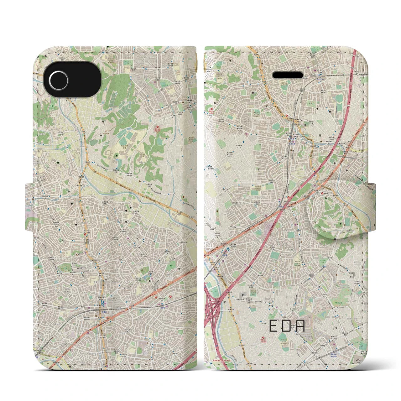 【江田(神奈川県)】地図柄iPhoneケース(手帳タイプ)ナチュラル・iPhone SE(第3 / 第2世代) / 8 / 7 / 6s / 6 用