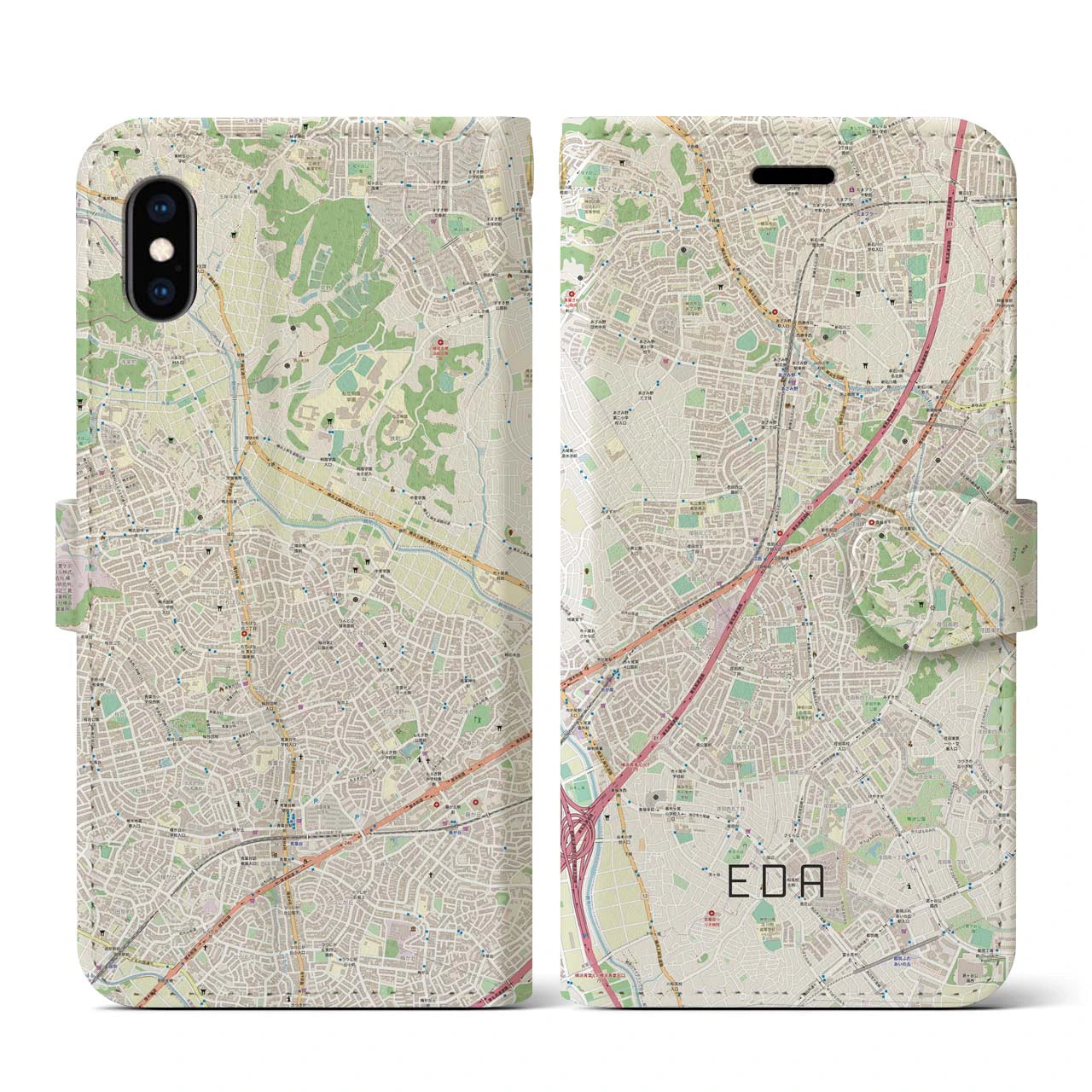 【江田(神奈川県)】地図柄iPhoneケース(手帳タイプ)ナチュラル・iPhone XS / X 用