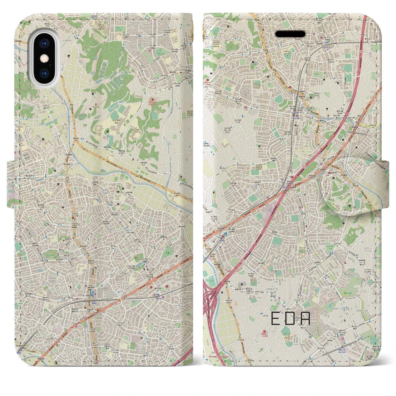 【江田(神奈川県)】地図柄iPhoneケース(手帳タイプ)ナチュラル・iPhone XS Max 用
