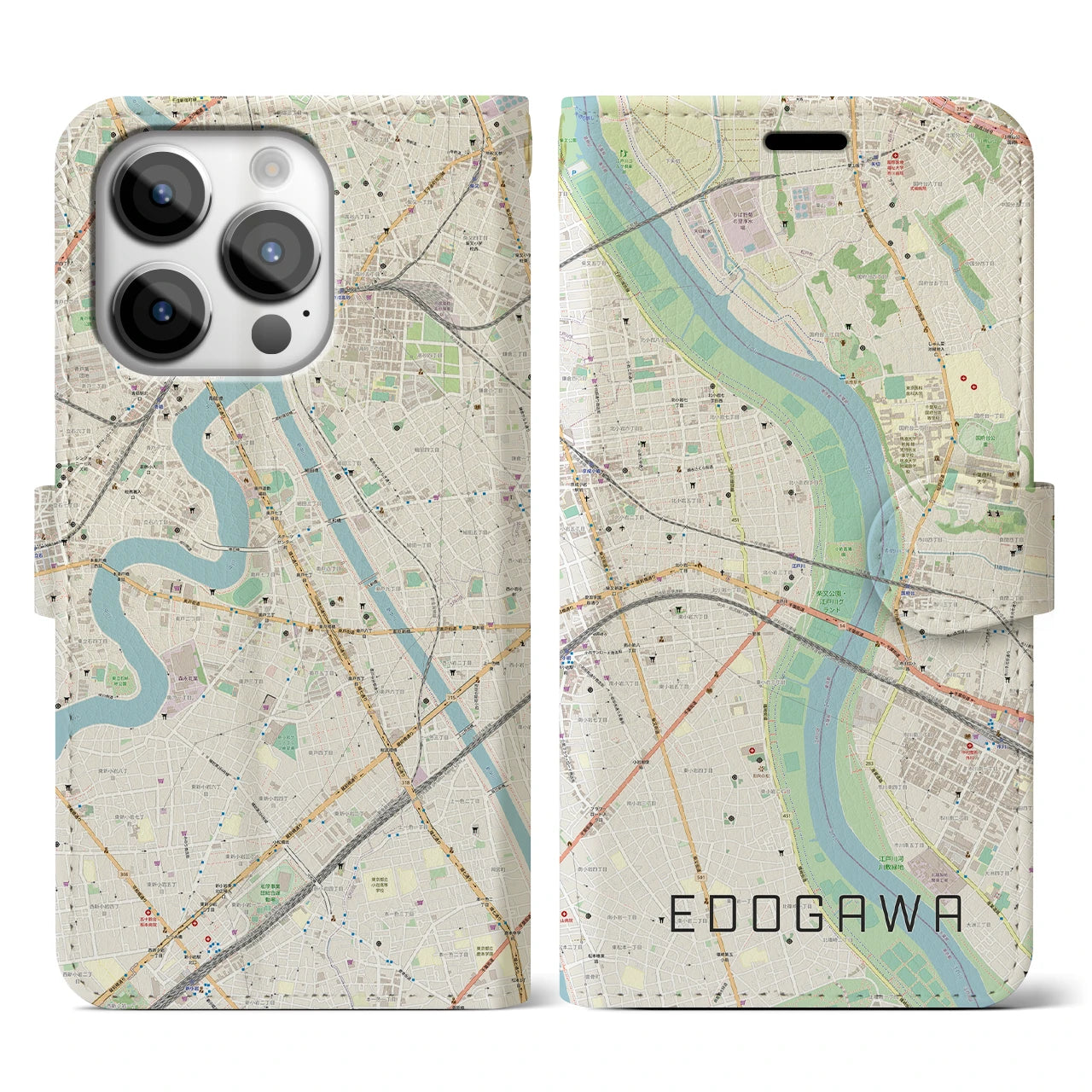 【江戸川(東京都)】地図柄iPhoneケース(手帳タイプ)ナチュラル・iPhone 14 Pro 用
