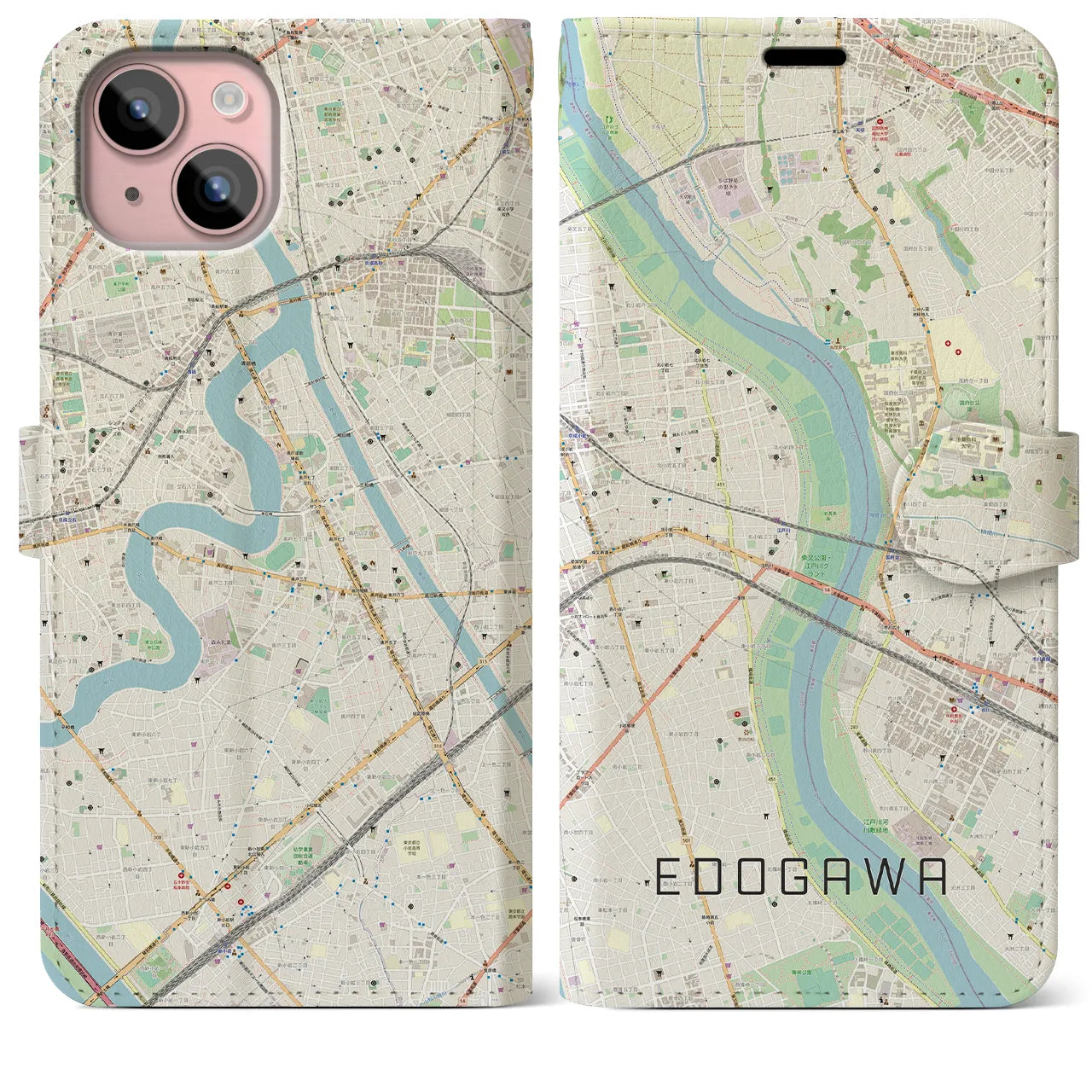 【江戸川(東京都)】地図柄iPhoneケース(手帳タイプ)ナチュラル・iPhone 15 Plus 用