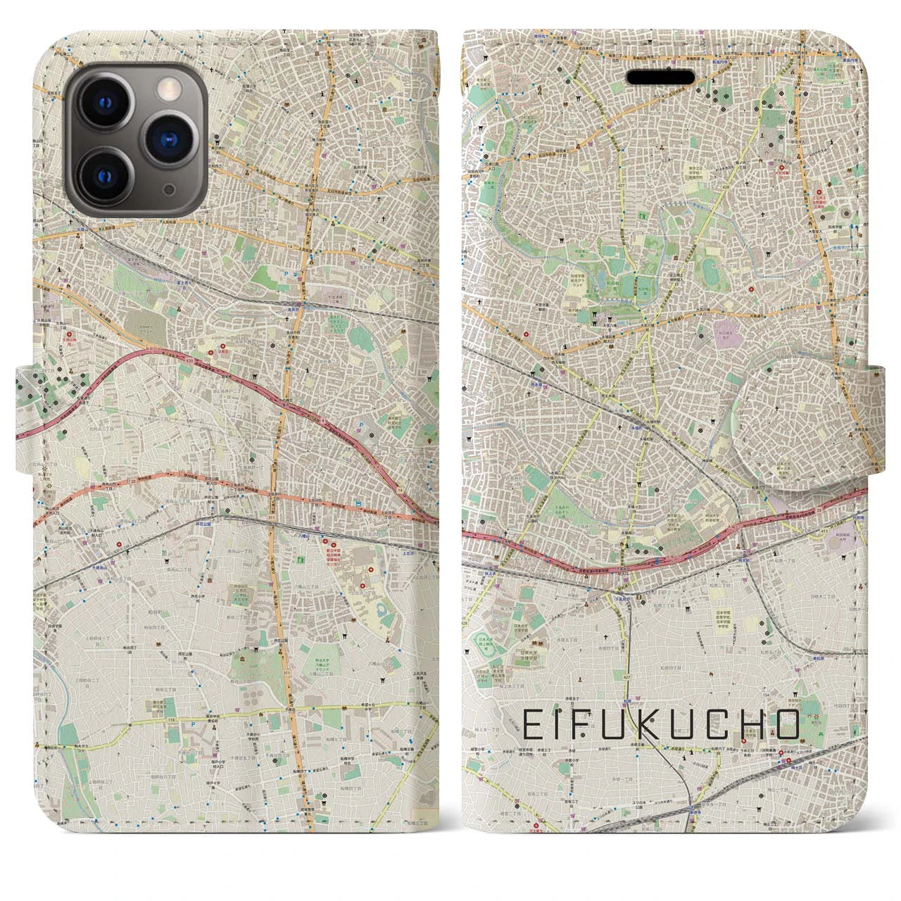 【永福町(東京都)】地図柄iPhoneケース(手帳タイプ)ナチュラル・iPhone 11 Pro Max 用