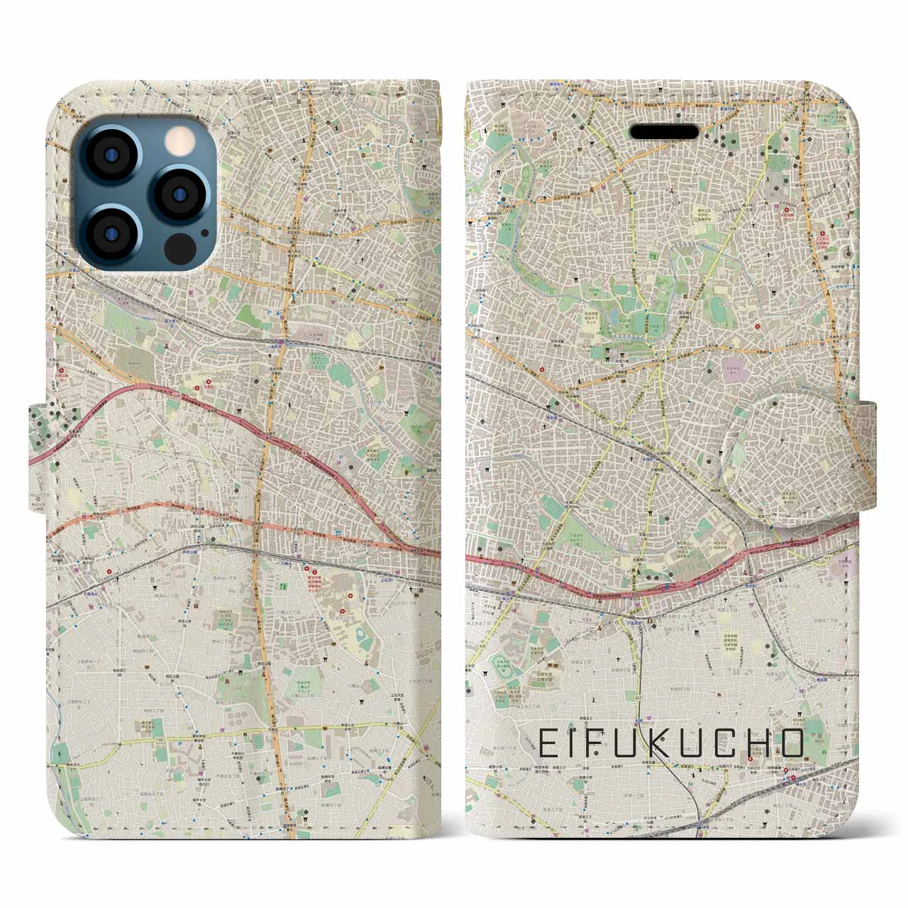 【永福町(東京都)】地図柄iPhoneケース(手帳タイプ)ナチュラル・iPhone 12 / 12 Pro 用