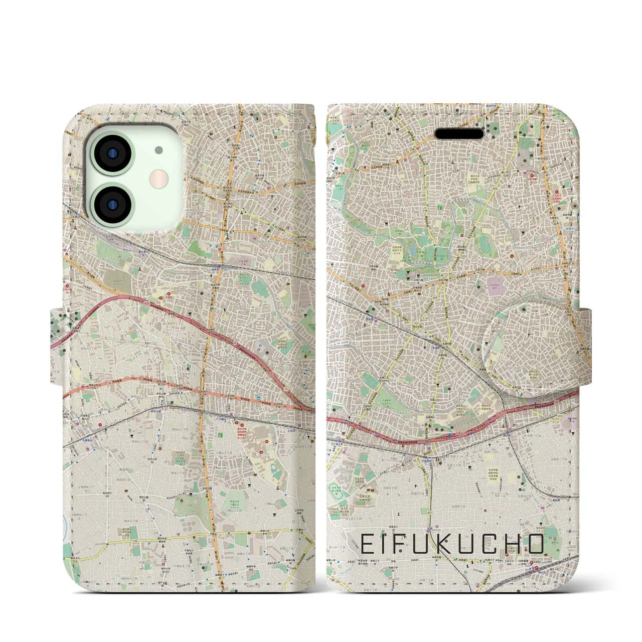 【永福町(東京都)】地図柄iPhoneケース(手帳タイプ)ナチュラル・iPhone 12 mini 用