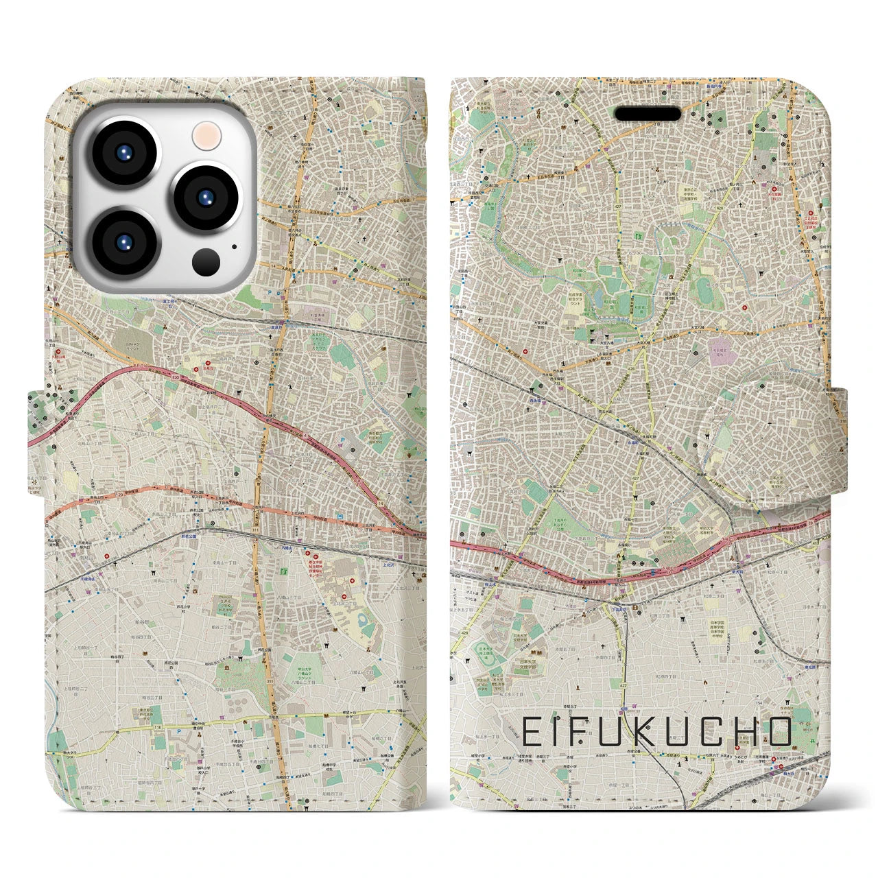 【永福町(東京都)】地図柄iPhoneケース(手帳タイプ)ナチュラル・iPhone 13 Pro 用