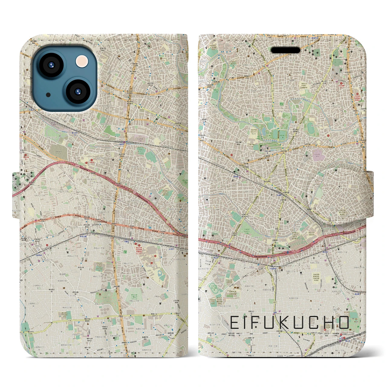 【永福町(東京都)】地図柄iPhoneケース(手帳タイプ)ナチュラル・iPhone 13 用