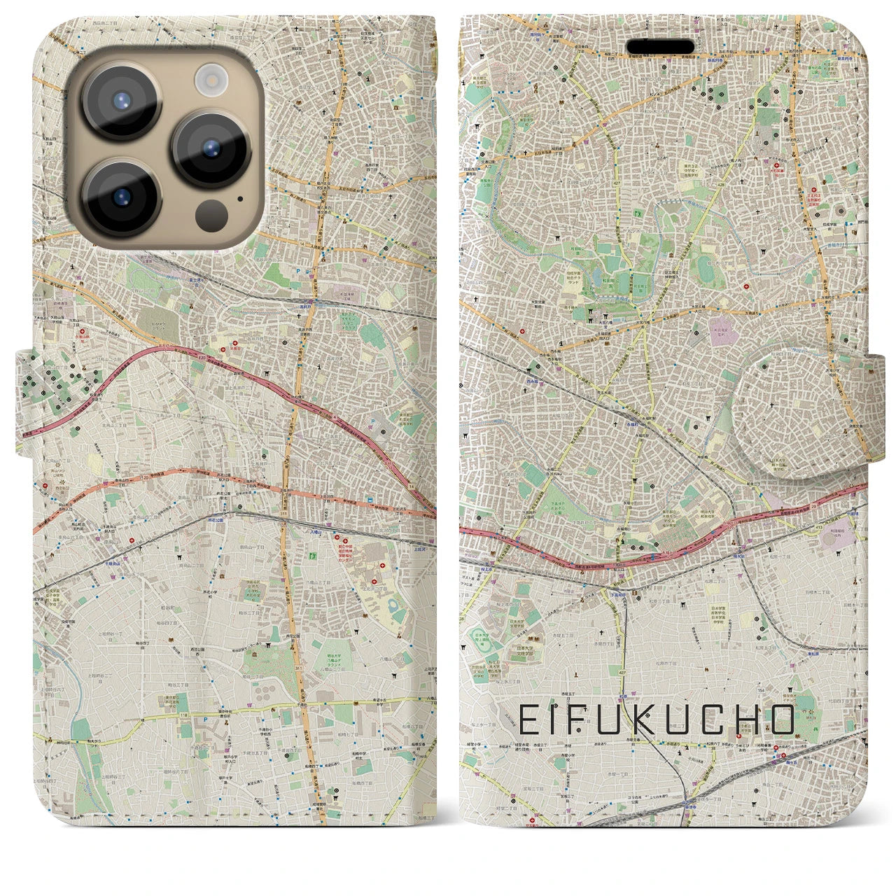 【永福町(東京都)】地図柄iPhoneケース(手帳タイプ)ナチュラル・iPhone 14 Pro Max 用