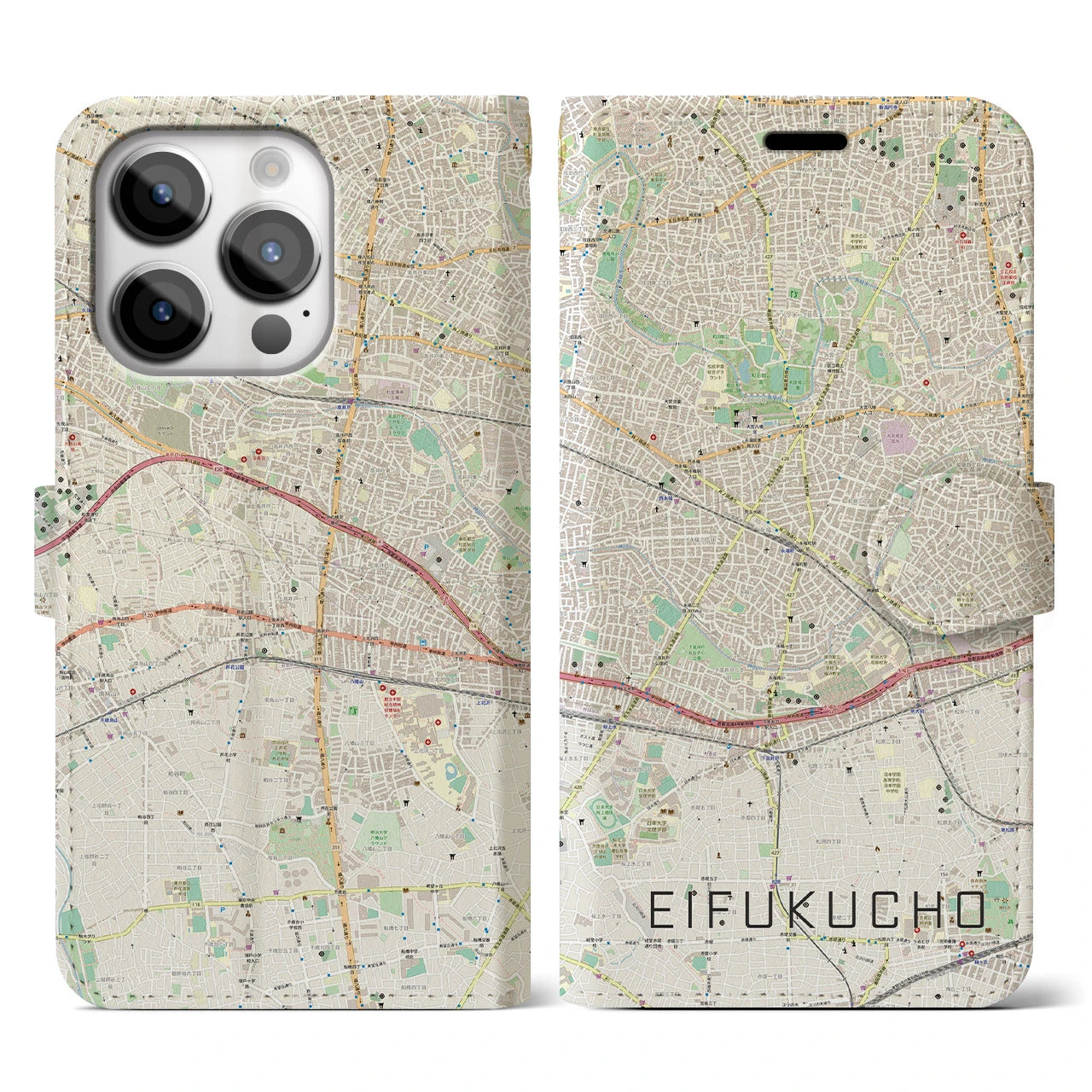 【永福町(東京都)】地図柄iPhoneケース(手帳タイプ)ナチュラル・iPhone 14 Pro 用