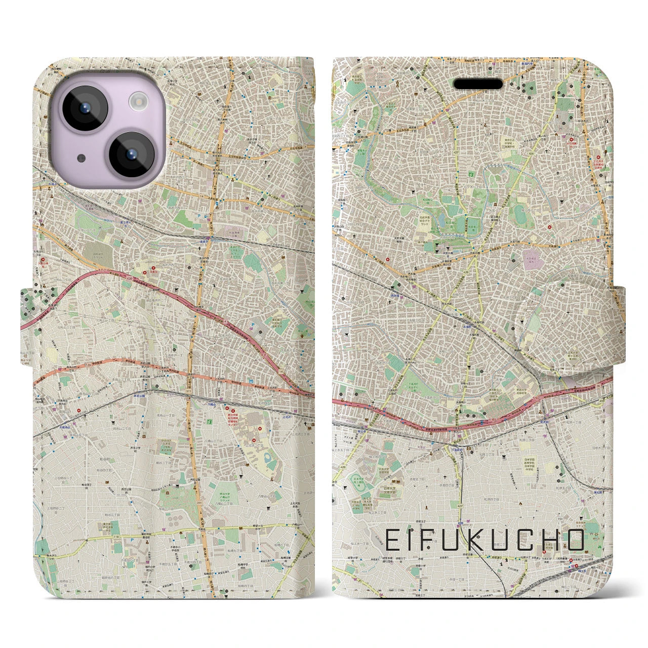 【永福町(東京都)】地図柄iPhoneケース(手帳タイプ)ナチュラル・iPhone 14 用