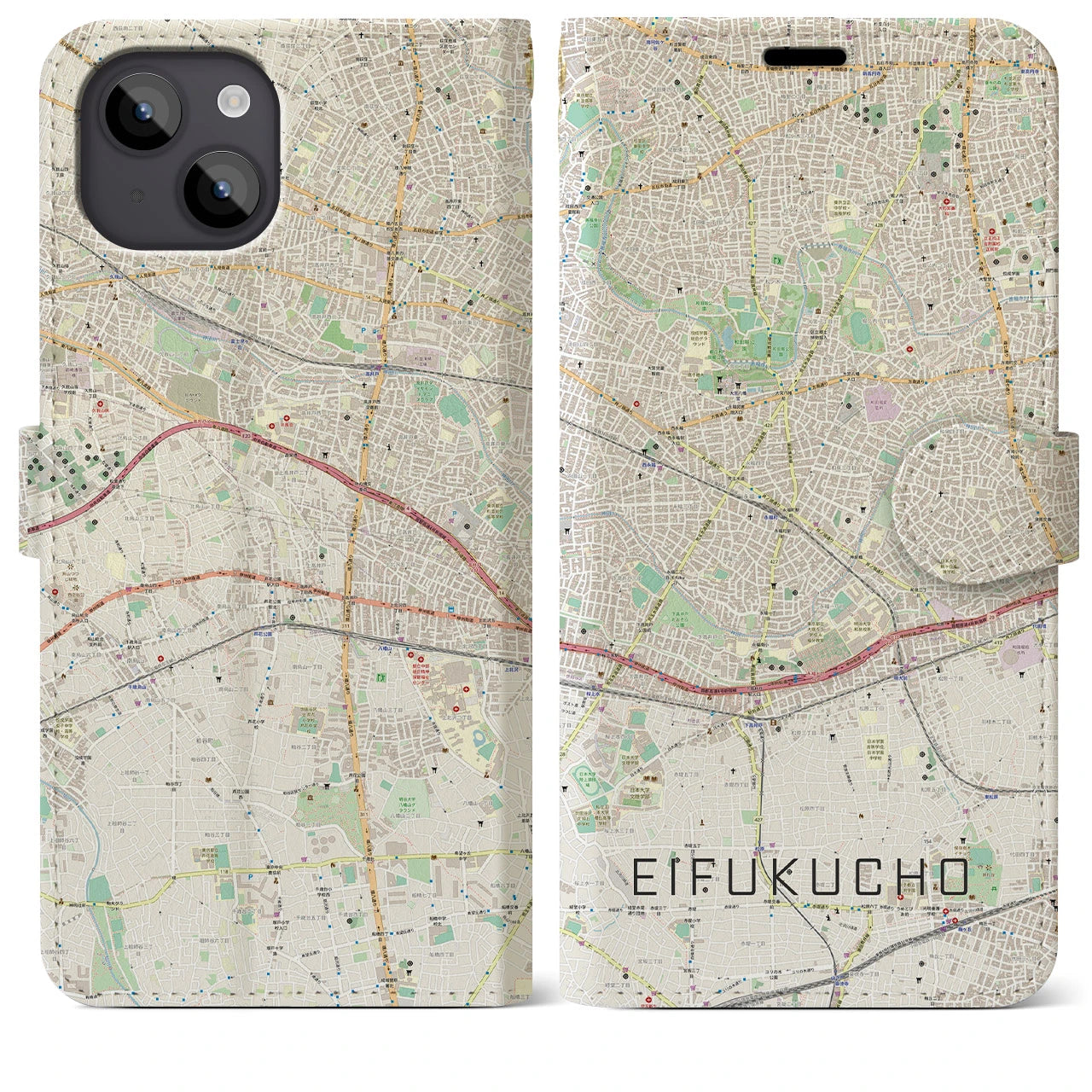 【永福町(東京都)】地図柄iPhoneケース(手帳タイプ)ナチュラル・iPhone 14 Plus 用