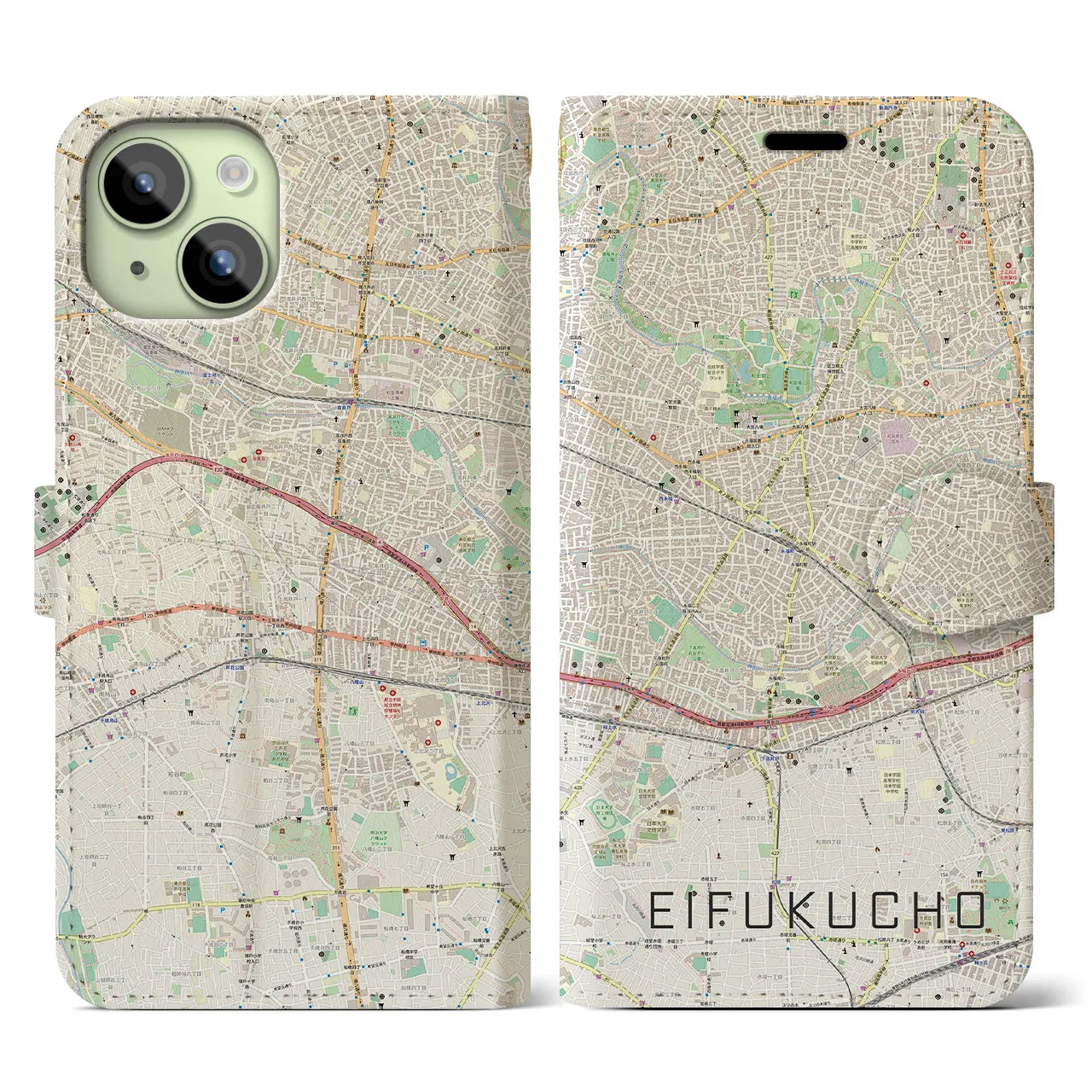 【永福町(東京都)】地図柄iPhoneケース(手帳タイプ)ナチュラル・iPhone 15 用