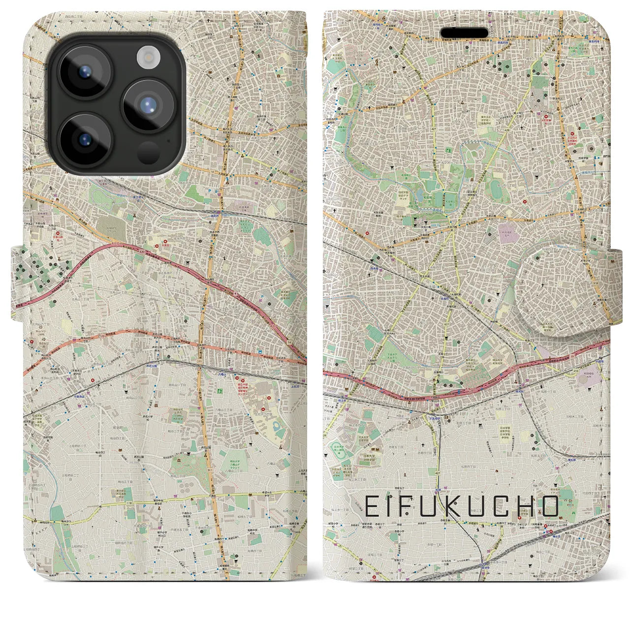 【永福町(東京都)】地図柄iPhoneケース(手帳タイプ)ナチュラル・iPhone 15 Pro Max 用